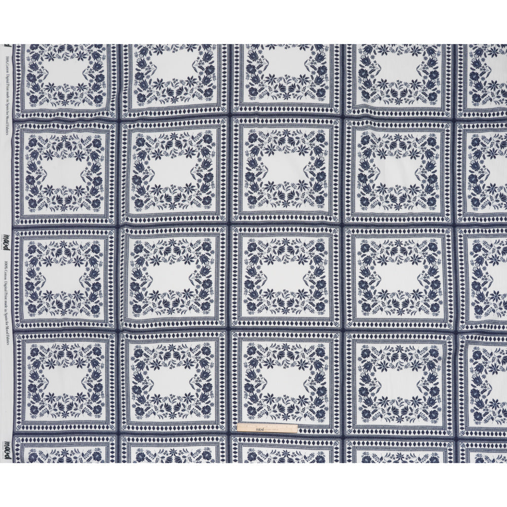 Slubbed Gauzy Cotton Woven - White and Navy Blue Floral Embroidery Squares - Mood Exclusive Porcelain Petals Print