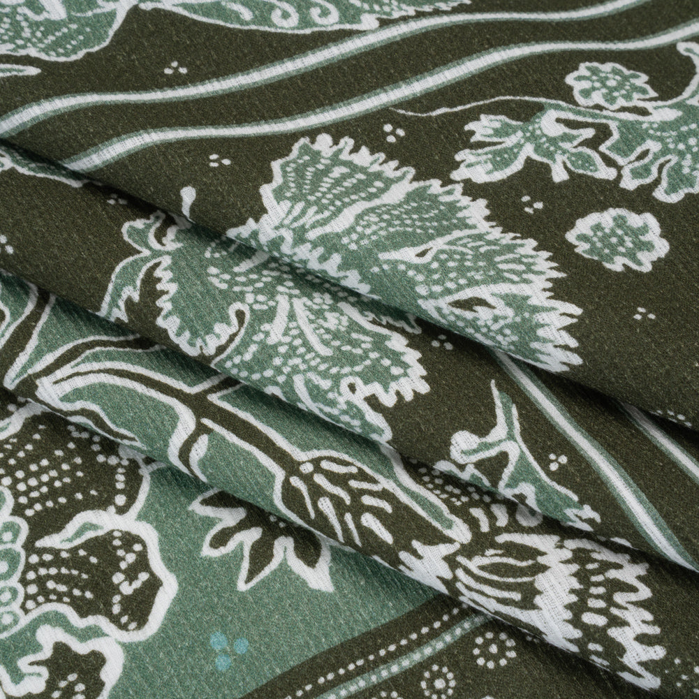 Slubbed Gauzy Cotton Woven - Dark Olive Green and Muted Teal Floral Handkerchief Panel - Mood Exclusive Needlepoint Picnic Print