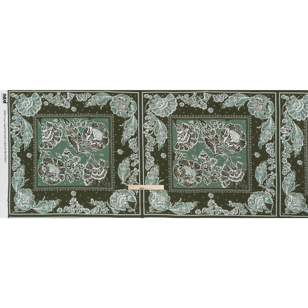 Slubbed Gauzy Cotton Woven - Dark Olive Green and Muted Teal Floral Handkerchief Panel - Mood Exclusive Needlepoint Picnic Print