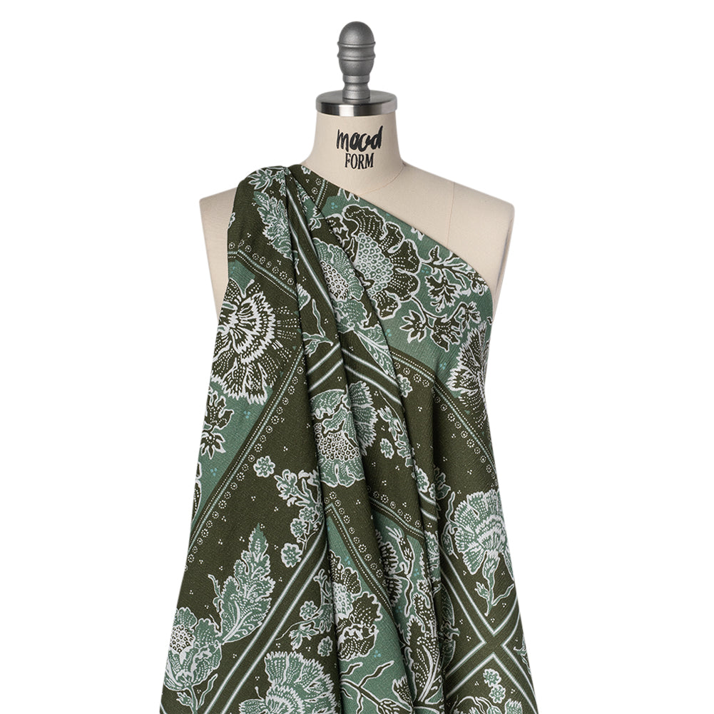 Slubbed Gauzy Cotton Woven - Dark Olive Green and Muted Teal Floral Handkerchief Panel - Mood Exclusive Needlepoint Picnic Print