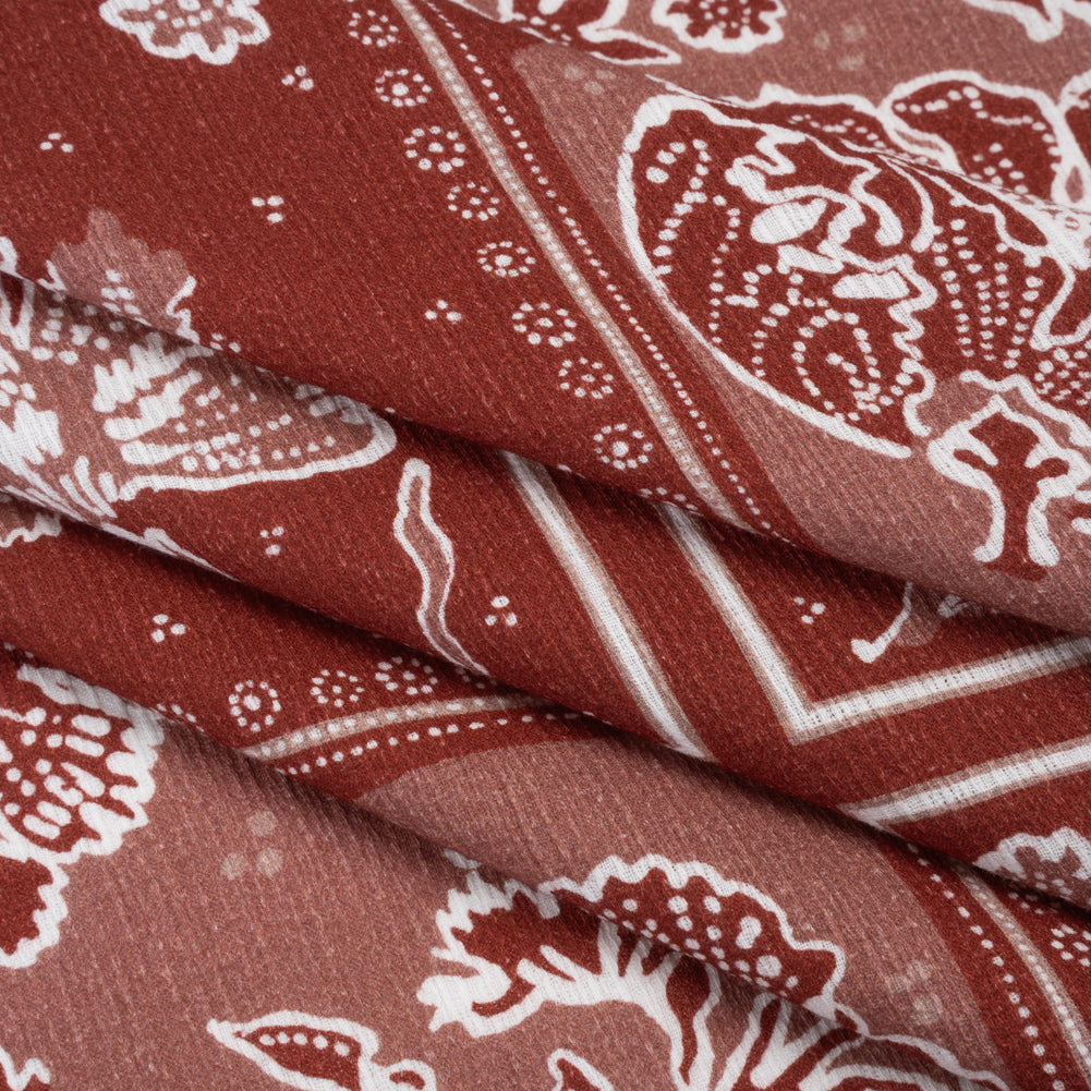 Slubbed Gauzy Cotton Woven - Brick Red and Dusty Rose Floral Handkerchief Panel - Mood Exclusive Needlepoint Picnic Print