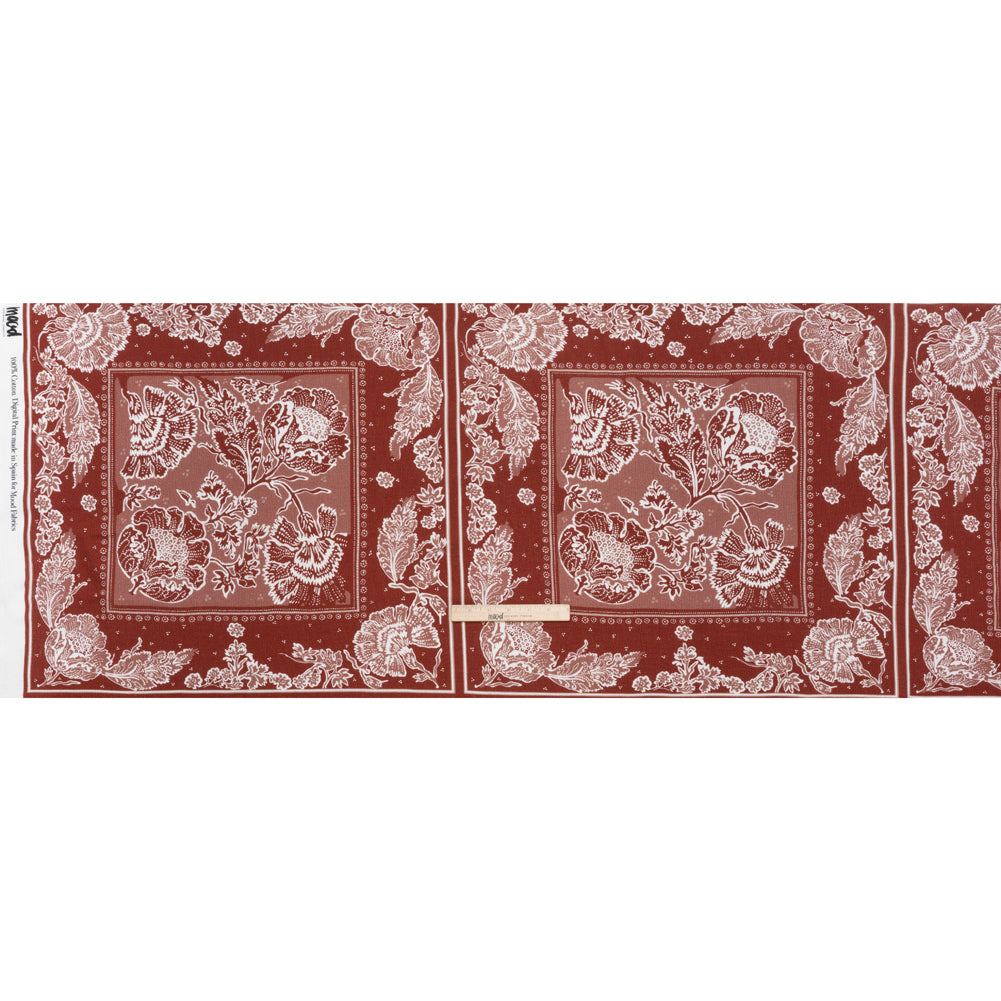 Slubbed Gauzy Cotton Woven - Brick Red and Dusty Rose Floral Handkerchief Panel - Mood Exclusive Needlepoint Picnic Print