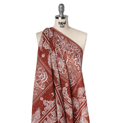 Slubbed Gauzy Cotton Woven - Brick Red and Dusty Rose Floral Handkerchief Panel - Mood Exclusive Needlepoint Picnic Print