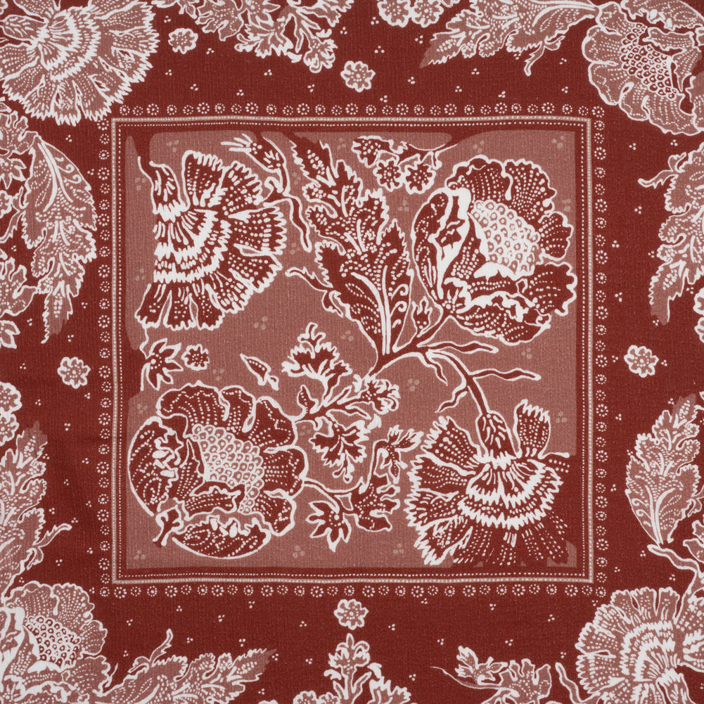 Slubbed Gauzy Cotton Woven - Brick Red and Dusty Rose Floral Handkerchief Panel - Mood Exclusive Needlepoint Picnic Print