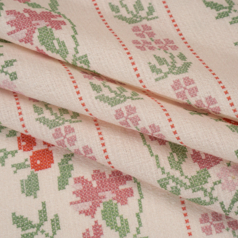 Slubbed Gauzy Cotton Woven - Pale Peach, Pink and Green Cross Stitch Berries and Flowers Stripes - Mood Exclusive Needlepoint Petals Print