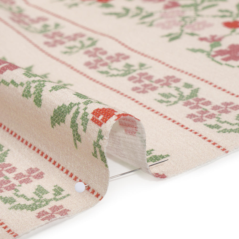 Slubbed Gauzy Cotton Woven - Pale Peach, Pink and Green Cross Stitch Berries and Flowers Stripes - Mood Exclusive Needlepoint Petals Print
