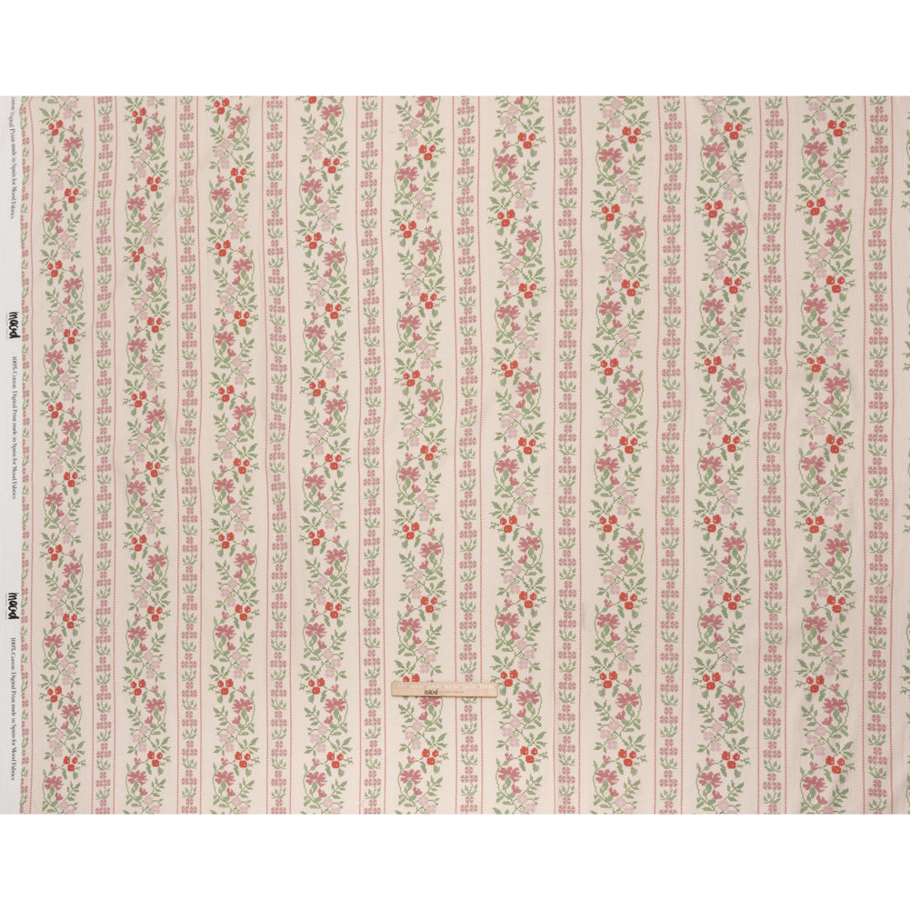 Slubbed Gauzy Cotton Woven - Pale Peach, Pink and Green Cross Stitch Berries and Flowers Stripes - Mood Exclusive Needlepoint Petals Print