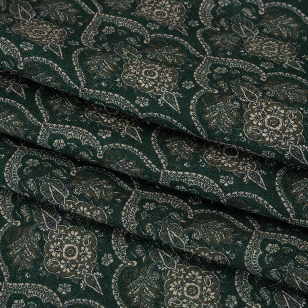 Slubbed Gauzy Cotton Woven - Deep Green, Beige and Olive Fancy Floral Tiles - Mood Exclusive Fairytale Scales Print