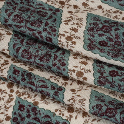 Slubbed Gauzy Cotton Woven - Cream, Dusty Teal and Burgundy Floral Diamonds - Mood Exclusive Garden Grid Print