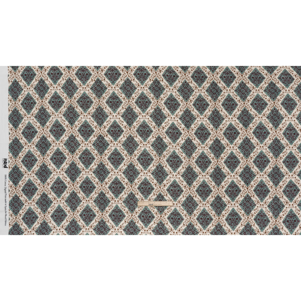Slubbed Gauzy Cotton Woven - Cream, Dusty Teal and Burgundy Floral Diamonds - Mood Exclusive Garden Grid Print