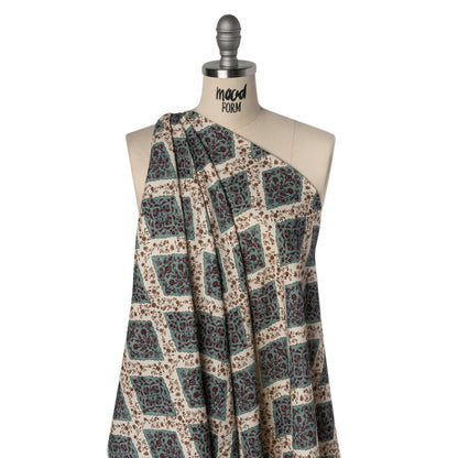 Slubbed Gauzy Cotton Woven - Cream, Dusty Teal and Burgundy Floral Diamonds - Mood Exclusive Garden Grid Print