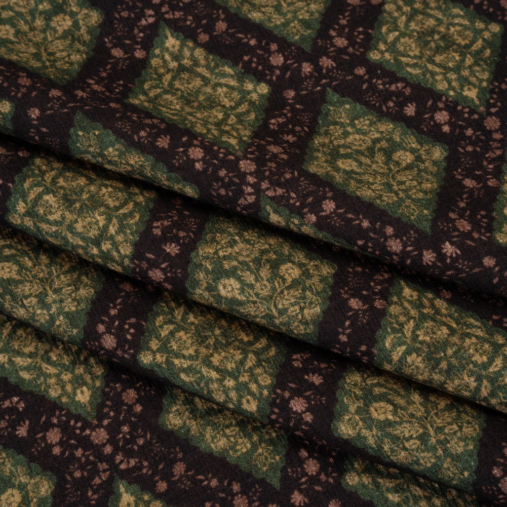Slubbed Gauzy Cotton Woven - Dark Green, Black and Gilded Beige Small Floral Diamonds - Mood Exclusive Garden Grid Print