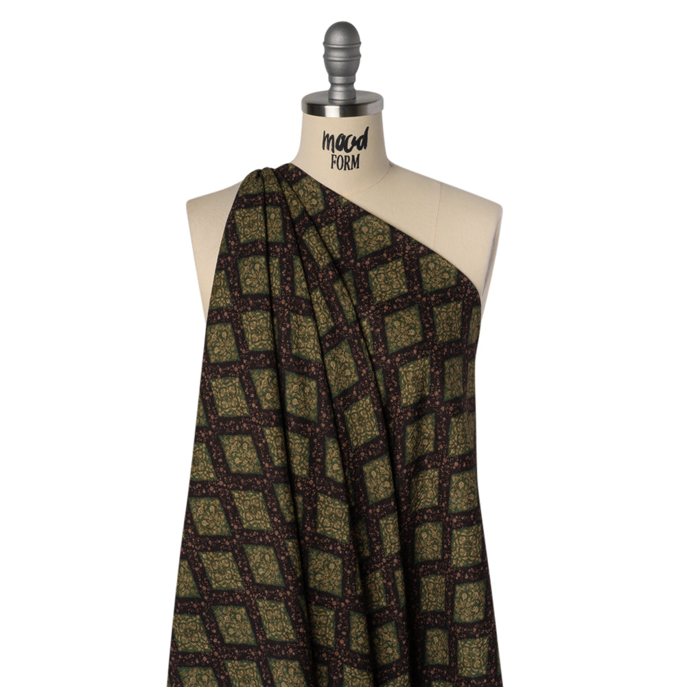 Slubbed Gauzy Cotton Woven - Dark Green, Black and Gilded Beige Small Floral Diamonds - Mood Exclusive Garden Grid Print