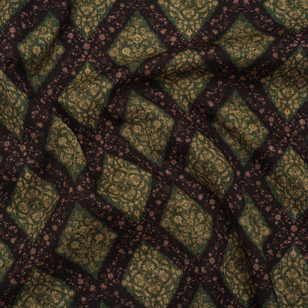Slubbed Gauzy Cotton Woven - Dark Green, Black and Gilded Beige Small Floral Diamonds - Mood Exclusive Garden Grid Print