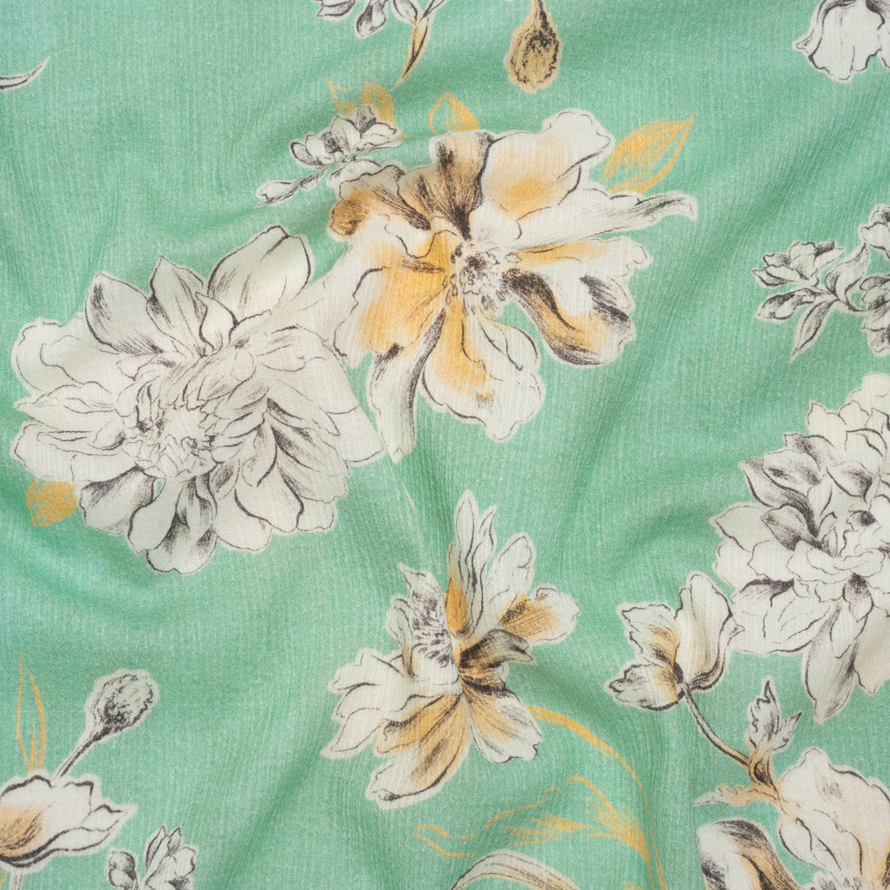 Slubbed Gauzy Cotton Woven - Mint Green, Golden Yellow and Off White Floral - Mood Exclusive Color Me Chrysanthemum Print