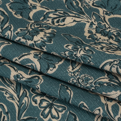Slubbed Gauzy Cotton Woven - Sea Blue, Cream and Black Floral - Mood Exclusive Cottage Crawl Print