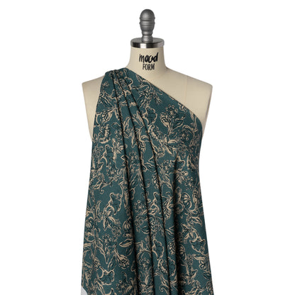 Slubbed Gauzy Cotton Woven - Sea Blue, Cream and Black Floral - Mood Exclusive Cottage Crawl Print