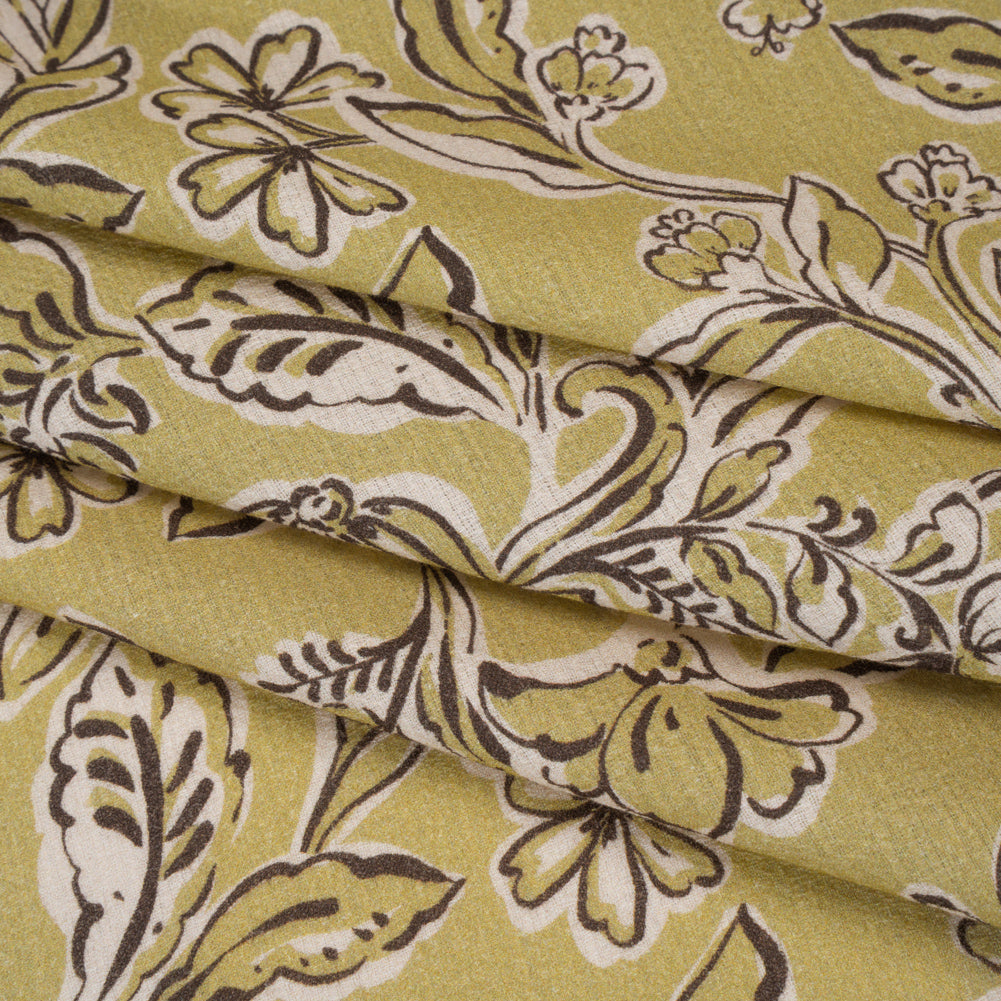 Slubbed Gauzy Cotton Woven - Pistachio Green, Cream and Dark Brown Floral - Mood Exclusive Cottage Crawl Print
