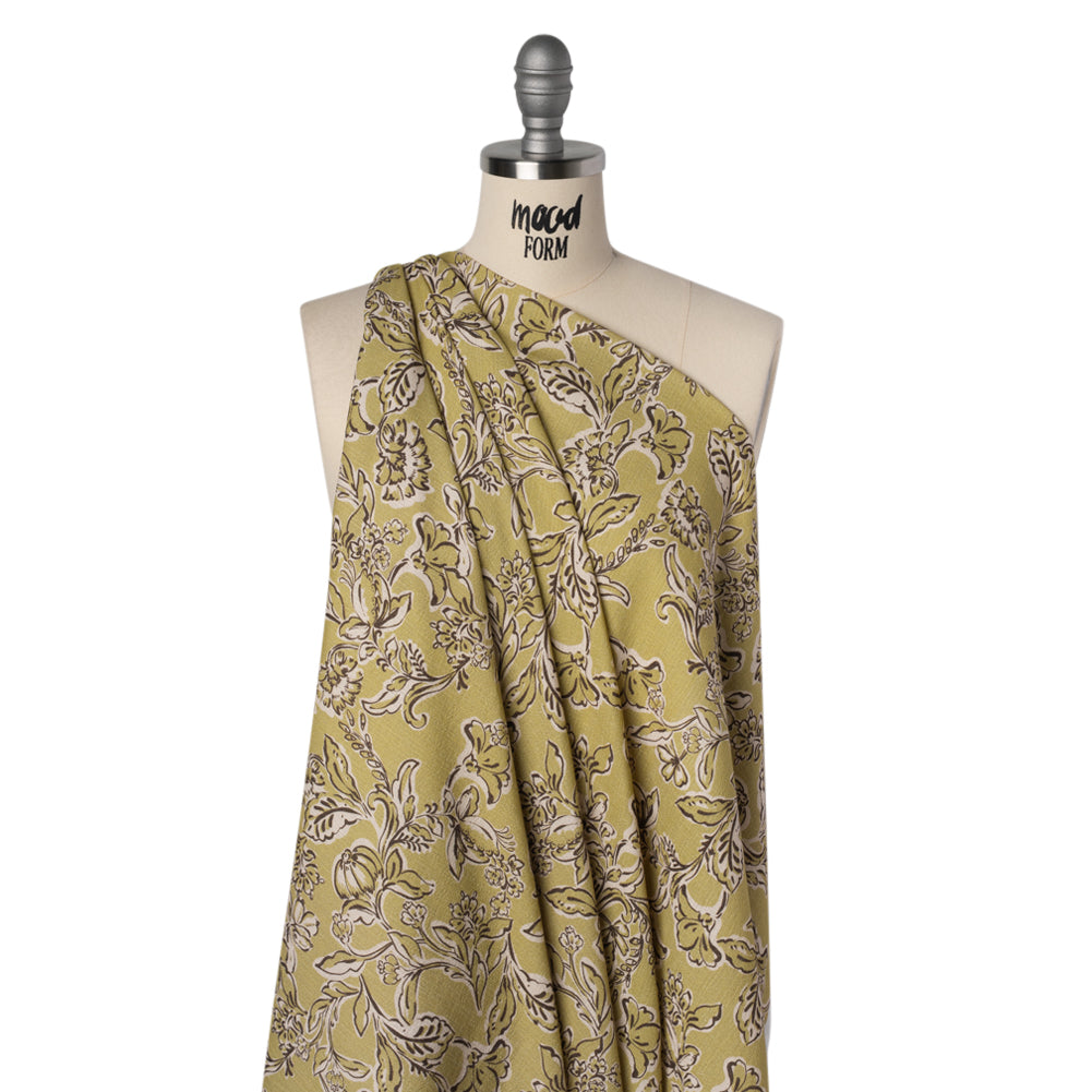 Slubbed Gauzy Cotton Woven - Pistachio Green, Cream and Dark Brown Floral - Mood Exclusive Cottage Crawl Print