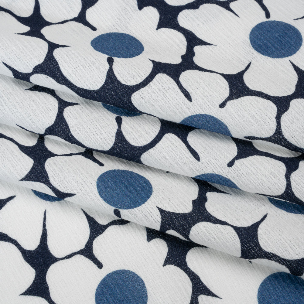 Slubbed Gauzy Cotton Woven - Navy, Blue and White Retro Daisies - Mood Exclusive Dancing Daisies Print