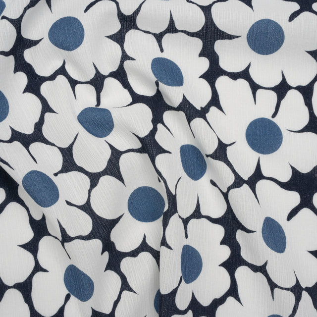 Slubbed Gauzy Cotton Woven - Navy, Blue and White Retro Daisies - Mood Exclusive Dancing Daisies Print