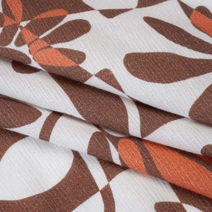 Slubbed Gauzy Cotton Woven - Brown, Coral and White Retro Geometric Patchwork and Flowers - Mood Exclusive Graphic Garden Print