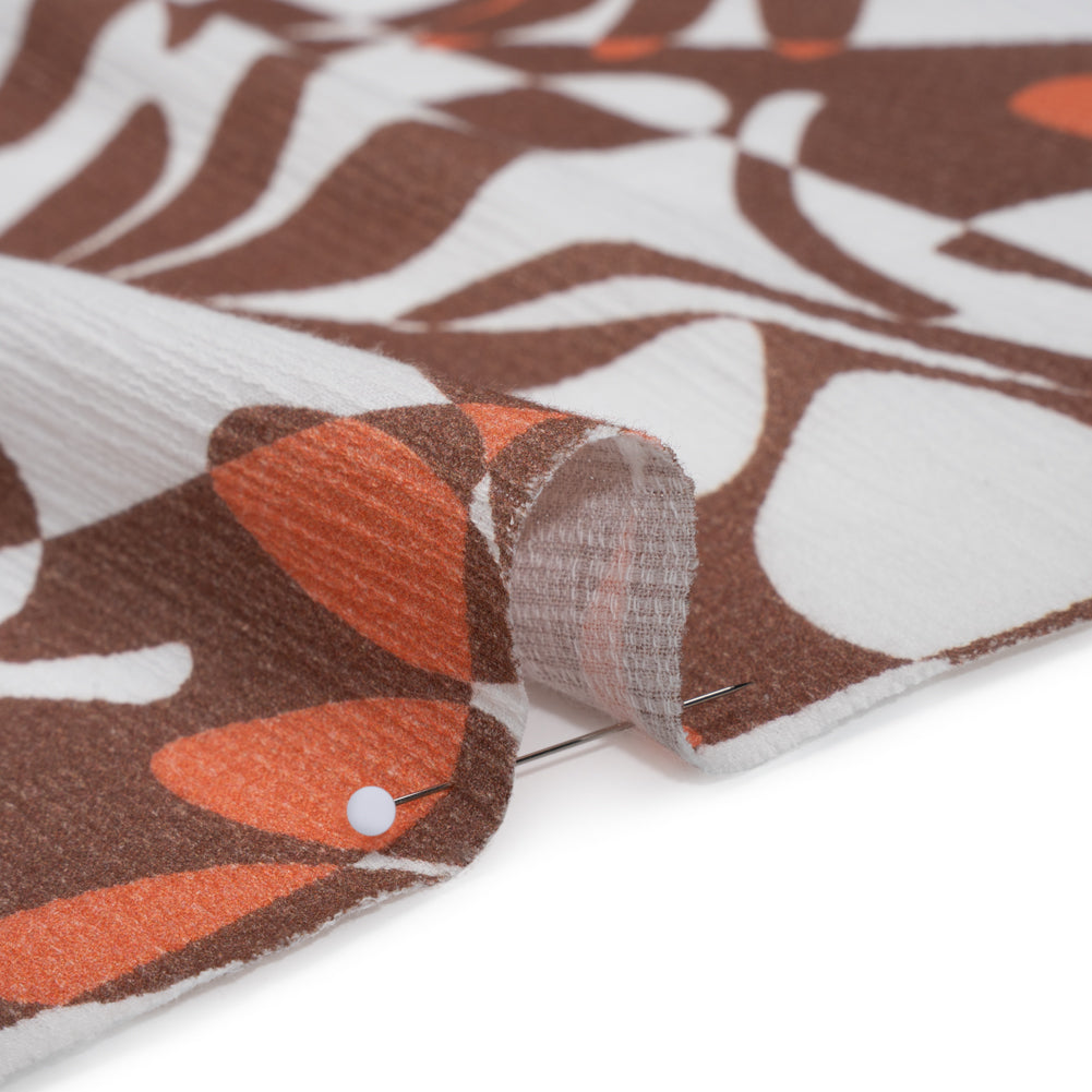 Slubbed Gauzy Cotton Woven - Brown, Coral and White Retro Geometric Patchwork and Flowers - Mood Exclusive Graphic Garden Print