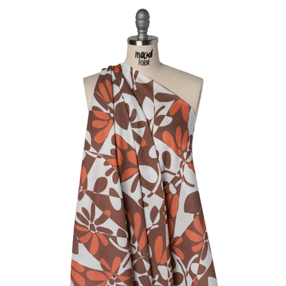 Slubbed Gauzy Cotton Woven - Brown, Coral and White Retro Geometric Patchwork and Flowers - Mood Exclusive Graphic Garden Print