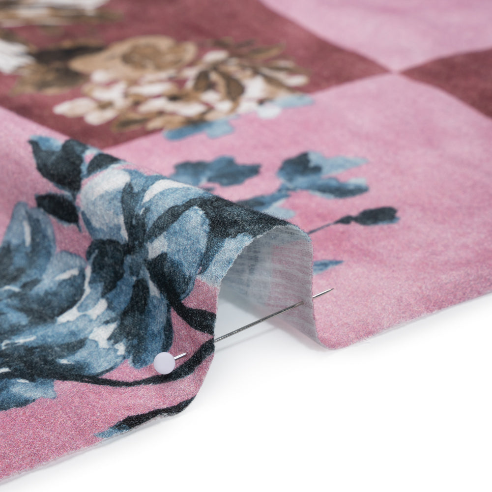 Slubbed Gauzy Cotton Woven - Rose, Brown and Blue Big Floral Checkerboard - Mood Exclusive Checkerbloom Print