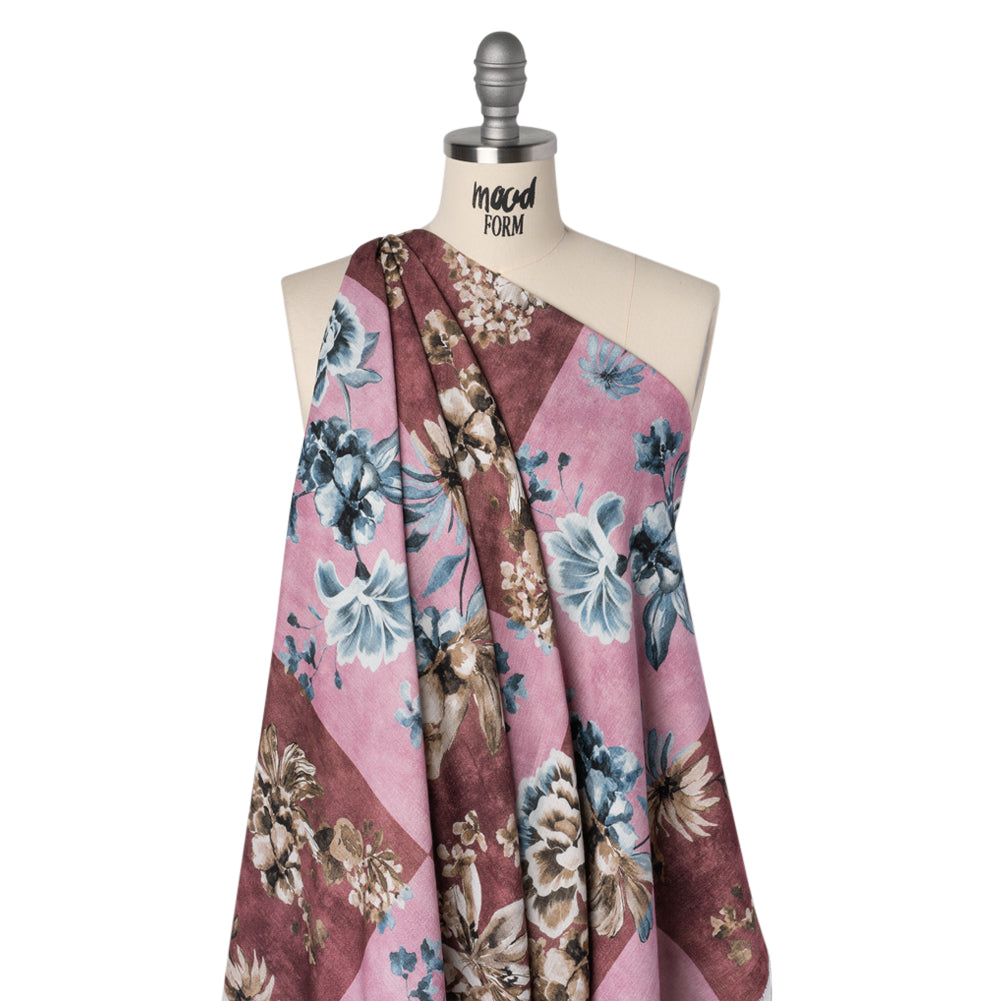 Slubbed Gauzy Cotton Woven - Rose, Brown and Blue Big Floral Checkerboard - Mood Exclusive Checkerbloom Print