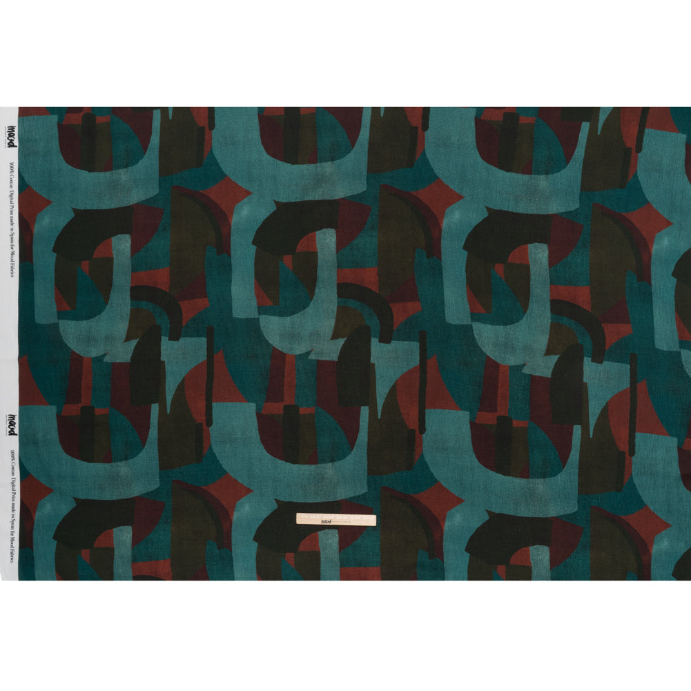 Slubbed Gauzy Cotton Woven - Teal, Burgundy and Olive Brown Geometric Abstract - Mood Exclusive Broken Symmetry Print