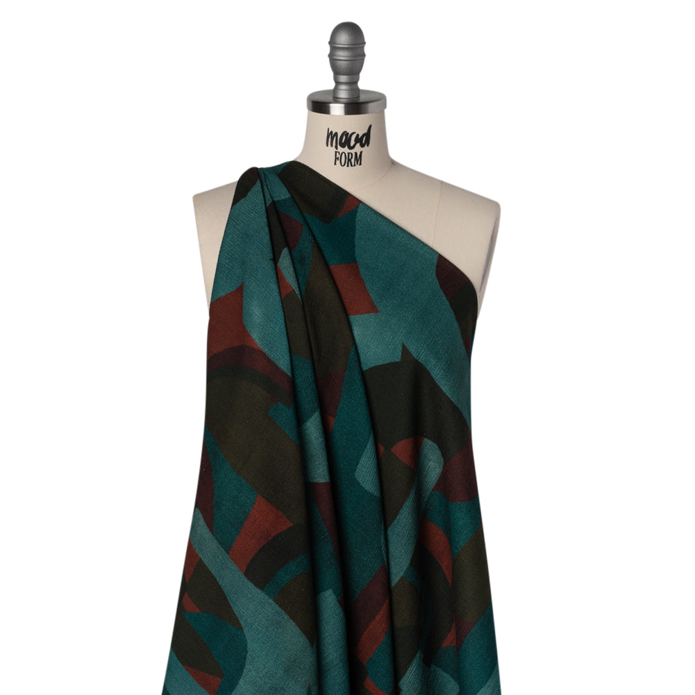 Slubbed Gauzy Cotton Woven - Teal, Burgundy and Olive Brown Geometric Abstract - Mood Exclusive Broken Symmetry Print