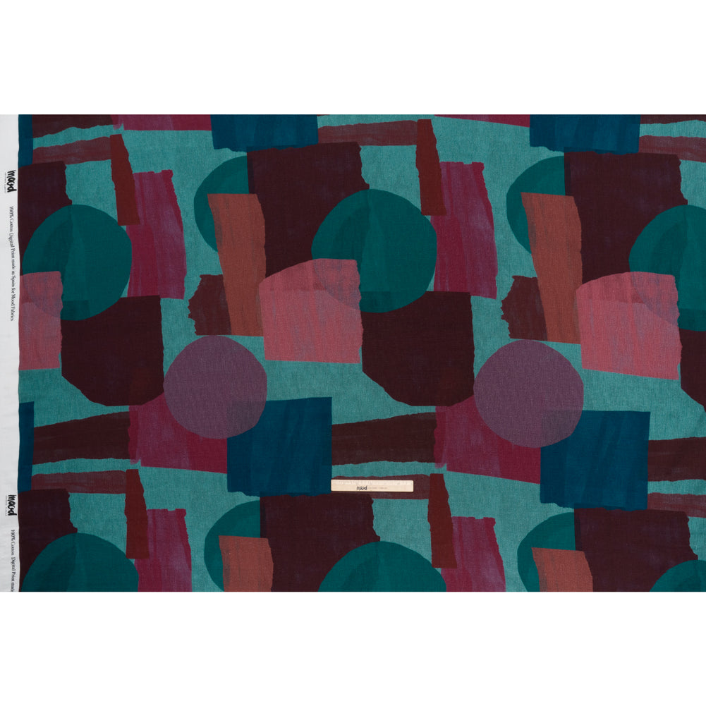 Slubbed Gauzy Cotton Woven - Teal Green, Burgundy and Magenta Painted Geometrics - Mood Exclusive Brushed Blocks Print