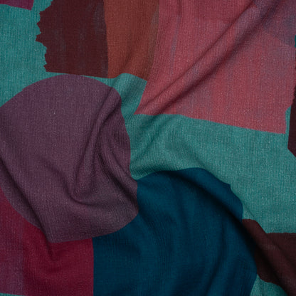 Slubbed Gauzy Cotton Woven - Teal Green, Burgundy and Magenta Painted Geometrics - Mood Exclusive Brushed Blocks Print