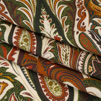 Slubbed Gauzy Cotton Woven - Cream, Forest Green and Burnt Orange Paisley - Mood Exclusive Secret Garden Scrolls Print