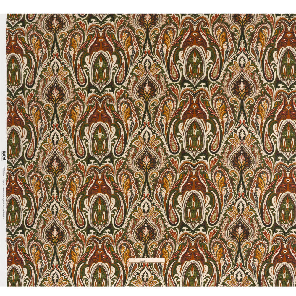 Slubbed Gauzy Cotton Woven - Cream, Forest Green and Burnt Orange Paisley - Mood Exclusive Secret Garden Scrolls Print