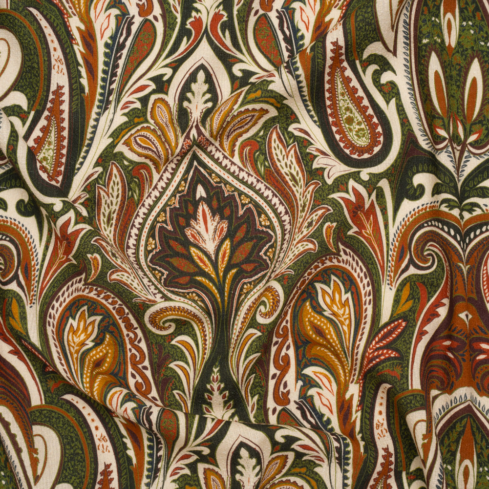 Slubbed Gauzy Cotton Woven - Cream, Forest Green and Burnt Orange Paisley - Mood Exclusive Secret Garden Scrolls Print