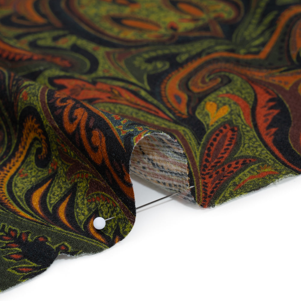 Slubbed Gauzy Cotton Woven - Forest Green, Burnt Orange and Yellow Ochre Paisley - Mood Exclusive Secret Garden Scrolls Print