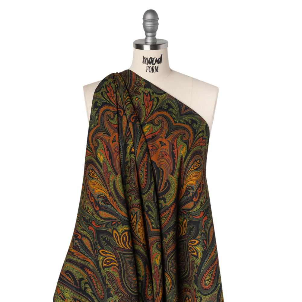 Slubbed Gauzy Cotton Woven - Forest Green, Burnt Orange and Yellow Ochre Paisley - Mood Exclusive Secret Garden Scrolls Print