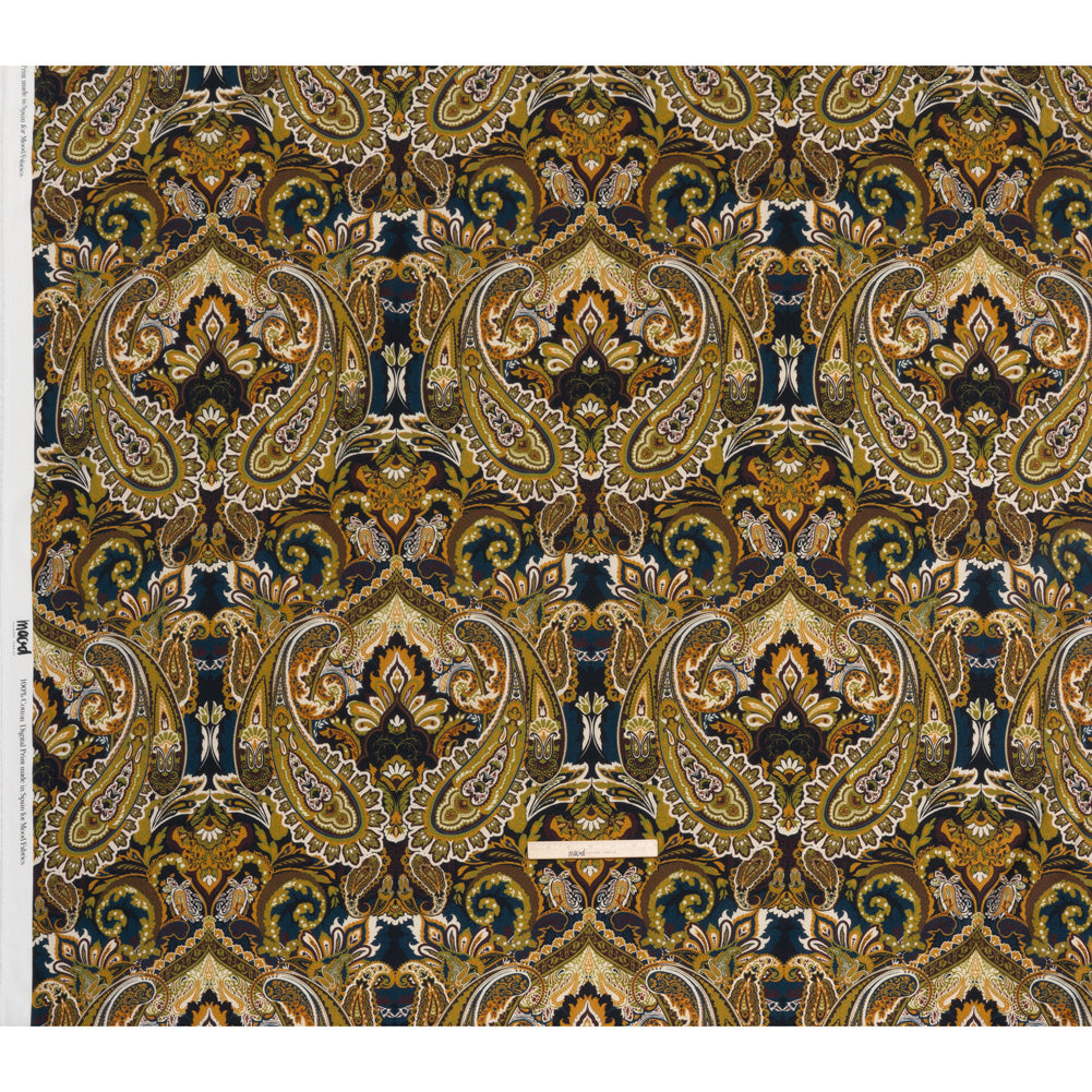 Slubbed Gauzy Cotton Woven - Blue, Kiwi Green and Goldenrod Paisley - Mood Exclusive Woodland Whispers Print