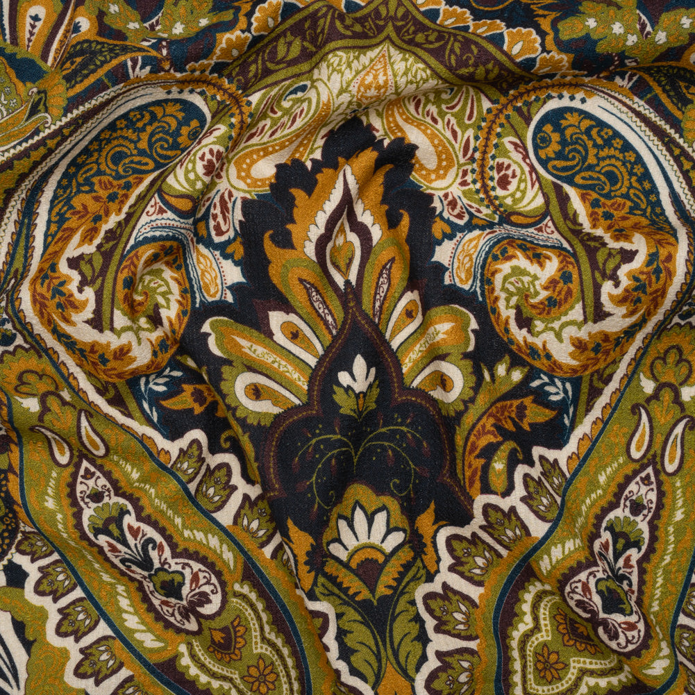 Slubbed Gauzy Cotton Woven - Blue, Kiwi Green and Goldenrod Paisley - Mood Exclusive Woodland Whispers Print