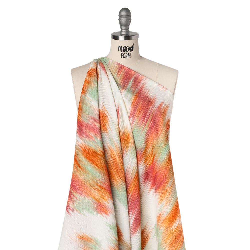 Slubbed Gauzy Cotton Woven - Sea Green, Pink and Orange Abstract Ikat - Mood Exclusive Spin Art Splash Print