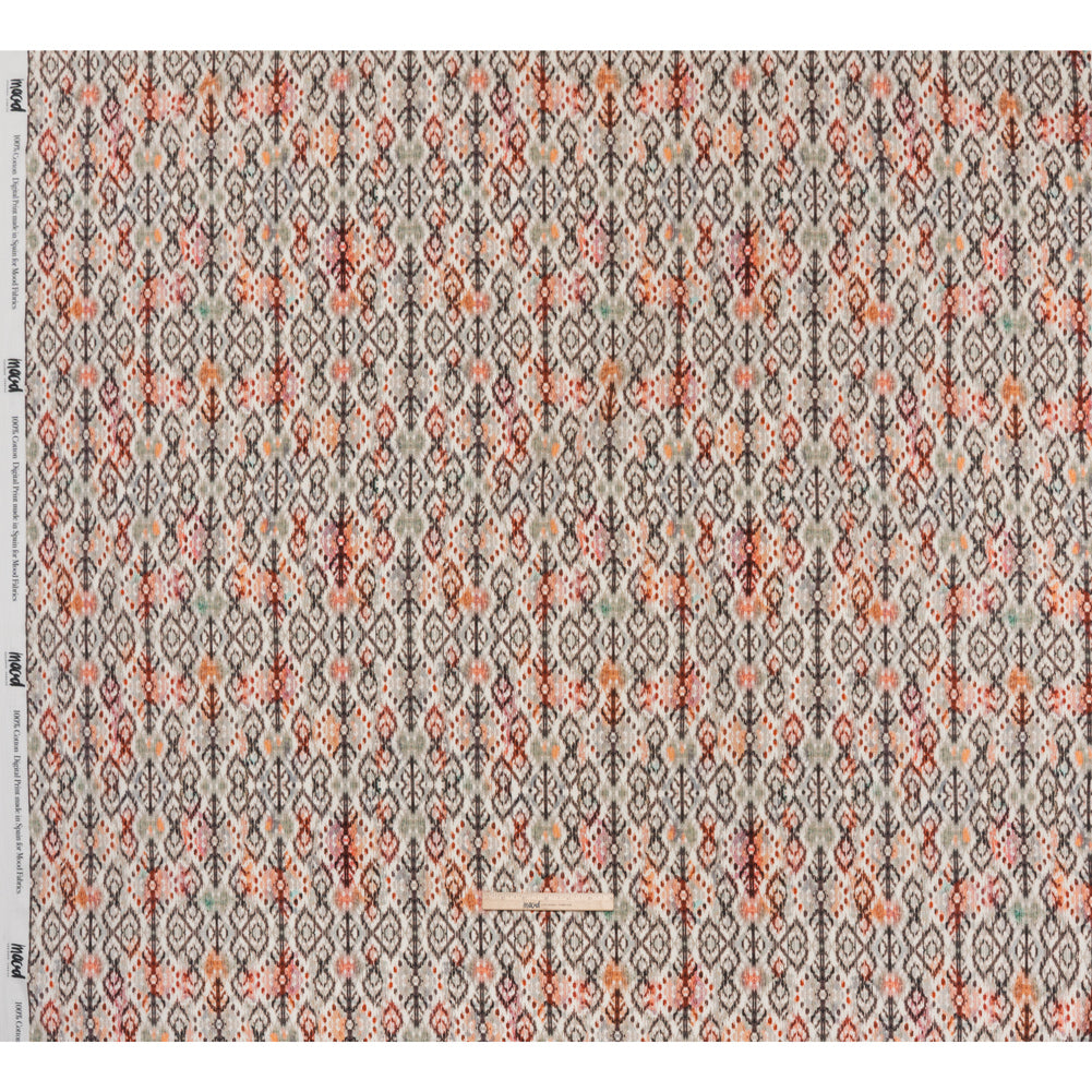 Slubbed Gauzy Cotton Woven - Red, Orange and Dark Green Geometric Ikat - Mood Exclusive Secret Symbols Print