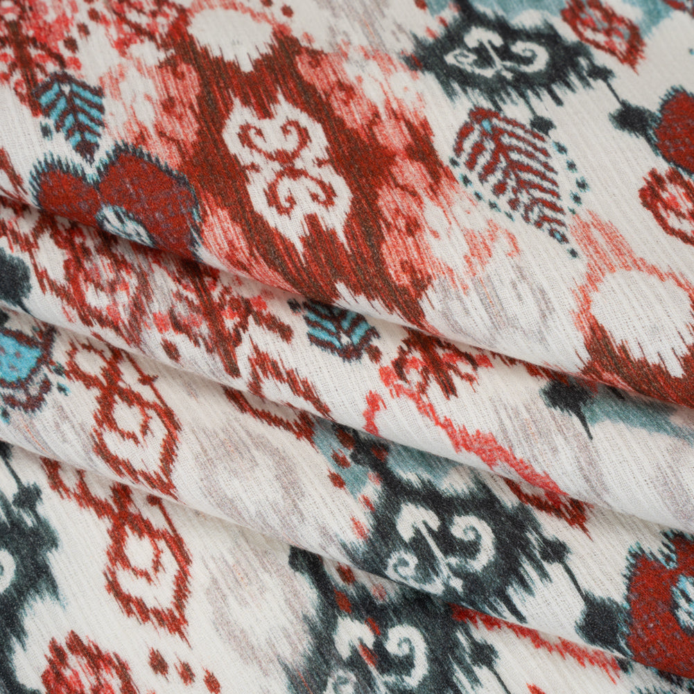 Slubbed Gauzy Cotton Woven - Coral Red, Dark Blue and Light Gray Ikat Leaves and Swirls - Mood Exclusive Fanciful Fairy Print
