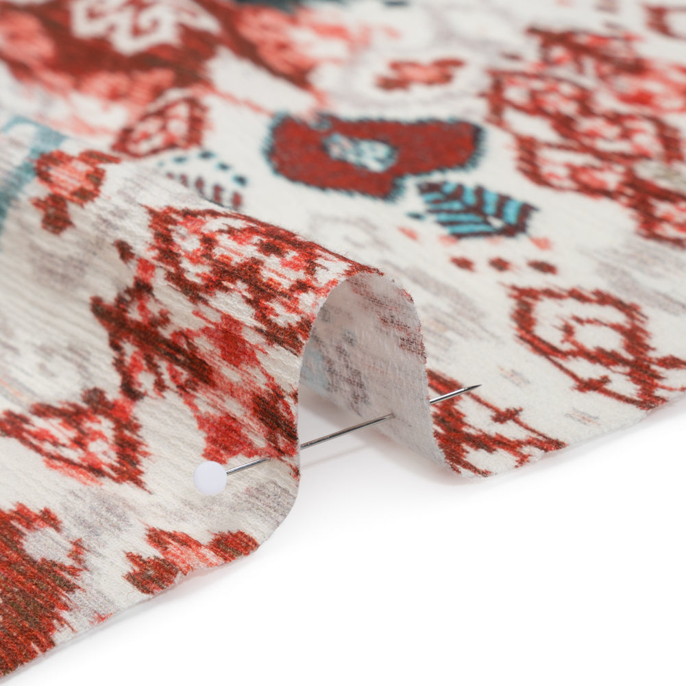 Slubbed Gauzy Cotton Woven - Coral Red, Dark Blue and Light Gray Ikat Leaves and Swirls - Mood Exclusive Fanciful Fairy Print