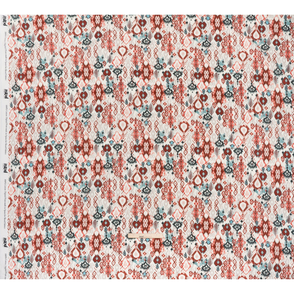 Slubbed Gauzy Cotton Woven - Coral Red, Dark Blue and Light Gray Ikat Leaves and Swirls - Mood Exclusive Fanciful Fairy Print