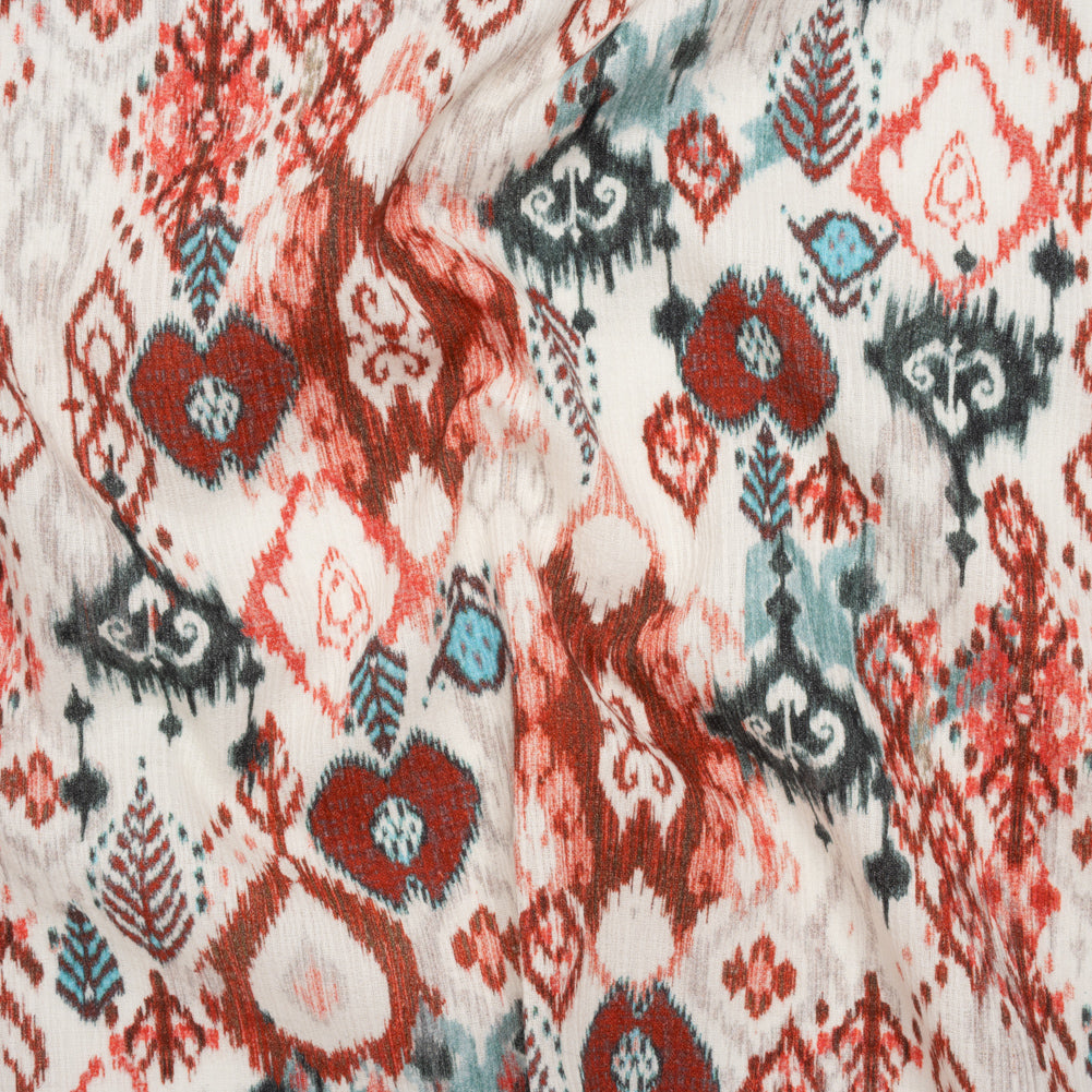 Slubbed Gauzy Cotton Woven - Coral Red, Dark Blue and Light Gray Ikat Leaves and Swirls - Mood Exclusive Fanciful Fairy Print