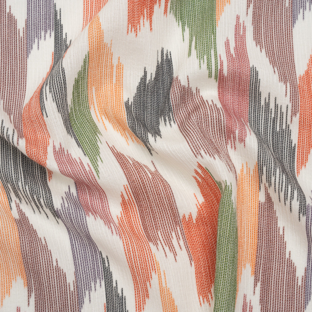 Slubbed Gauzy Cotton Woven - Dark Red, Navy, Orange and Green Abstract Ikat Stitches - Mood Exclusive Soundwave Stitches Print