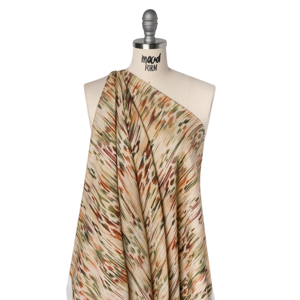 Slubbed Gauzy Cotton Woven - Beige, Burgundy and Green Abstract Painterly Ikat - Mood Exclusive Striate Shot Print