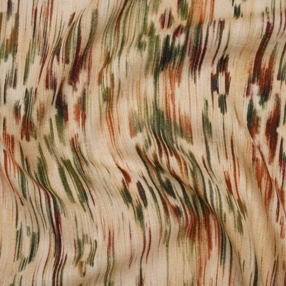 Slubbed Gauzy Cotton Woven - Beige, Burgundy and Green Abstract Painterly Ikat - Mood Exclusive Striate Shot Print